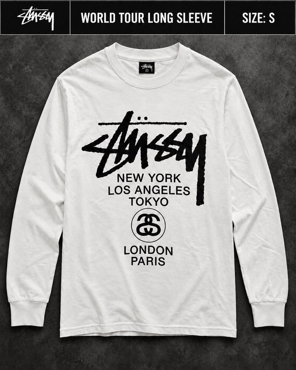 Stüssy World Tour Long Sleeve Tee White Black Size Small NWOT
